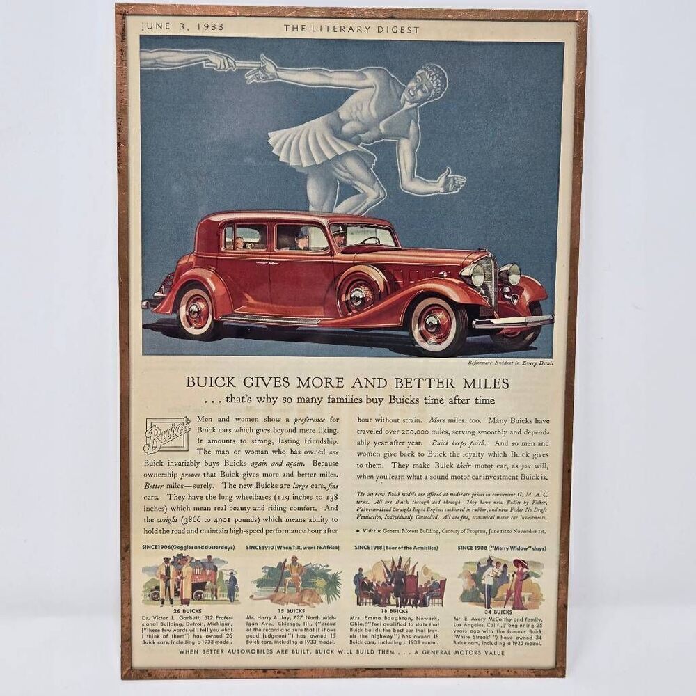 1933 BUICK GIVES MORE AND BETTER MILES HARVEYS WALLHANGERS GLASS COPPER PRINT AD
